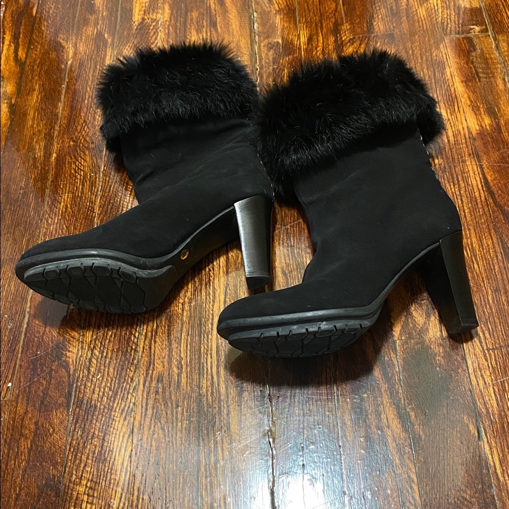 Aquatalia Black Fur-Trimmed Heeled Boots Women’s Size 8